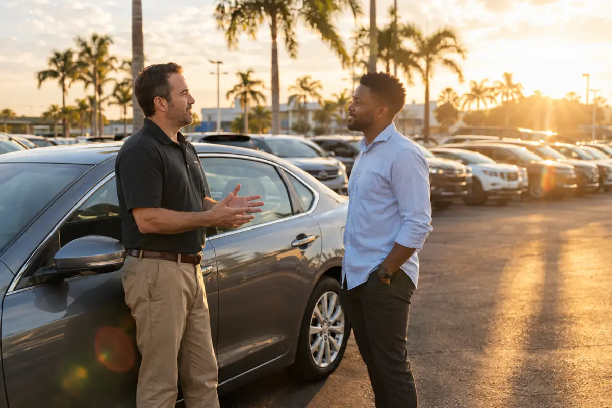 Dono de revenda e consultor da DealerDocket conversando ao lado de um carro, no pátio ao entardecer na Flórida